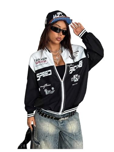 Verdusa Womens Graphic Motorcycle Racing Bomber Jacket Streetwear Zip Up Outerwear Y2k Fall Jackets Black and White Medium