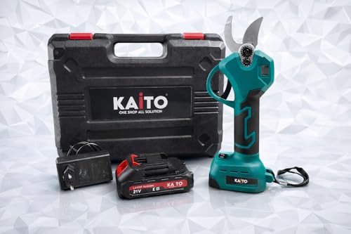 Image of KAITO 21V Cordless Electric Pruning Shears | 25mm High Carbon Steel Blade Branch Cutter | Digital Display | Rechargeable Garden Pruner for Fruit Trees, Plants & Hedges | Green-Black