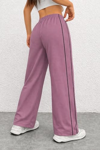 Image of Women Casual Loose Fit Track Pants High Waist Elastic Waistband Straight Wide Leg Trousers with Side Piping, Gym Yoga Running Athletic Sweatpants Comfortable