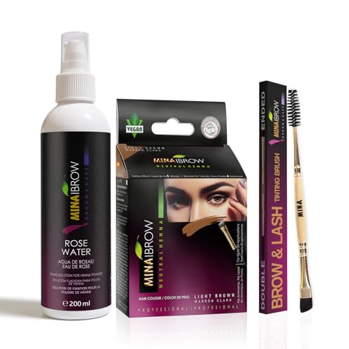 MinaiBrow Instant Hair Dye Kit Light Brown | 100% Grey Coverage Upto 30 Applications, Natural Spot Coloring Tinting Powder with Rose Water & Duo Angled Brush, Water & Smudge Proof