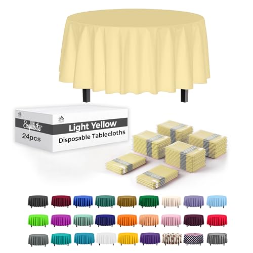Image of Party Solids Light Yellow Round Plastic Tablecloth - 84 Inch, Pack of 24