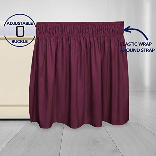 PureFit Wrap Around Ruffled Bed Skirt with Adjustable Elastic Belt - 22 Inch Drop Easy to Put On, Wrinkle Free Bedskirt Dust Ruffles, Bed Frame Cover for Twin,Twin XL and Full Size Beds, Wine