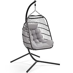 Yaheetech Rattan Egg Swing Chair, Foldable Garden Patio Swing Chair, Indoor/Outdoor Hanging Hammock with Cushion & Pillow & Rain Cover, Weight Capacity of 159 kg Iron for Balcony Hotel, Black & Grey