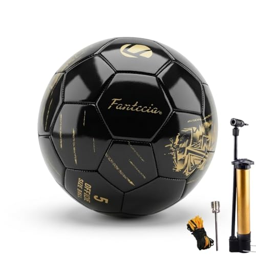 Fantecia Ballon de football taille 5, en cuir PU, pour intérieur et extérieur, pour jeunes et adultes, couleur noir avec impression dorée