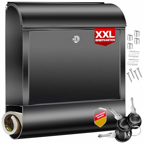 KESSER® Cassetta della Posta XXL in acciaio inox spazzolato con Scomparto per Giornali, 3x Chiudibile a chiave, Verniciata a polvere, Montaggio a parete, Ampia fessura frontale, Nero