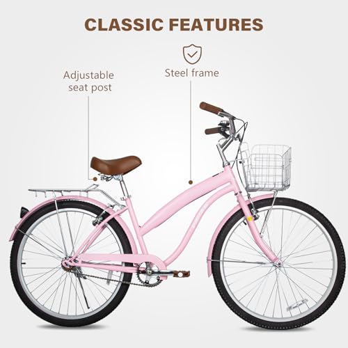 Image of WEIZE Beach Cruiser Bike, 24 26 inch Commuter Bicycle for Adult Men and Women, Front & Rear Fenders, Comfortable City Bikes with Rear Rack&Basket, Ergonomic Upright Design