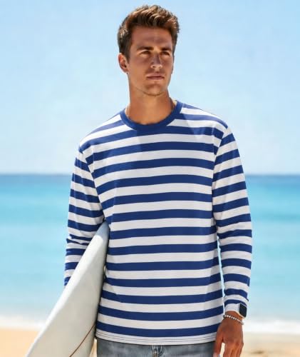 Image of KESIHAN Mens Striped Long Sleeve Shirt Crewneck Casual Basic Stripe Tee | Crewneck long sleeve striped tee with cotton spandex fabric,casual regular fit basic style for daily wear and layering.