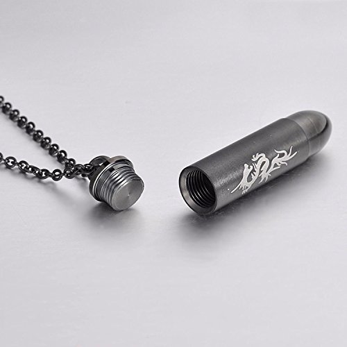 Stainless Steel Dragon Bullet Cremation Keepsake Memorial Ash Urn Necklace - Free 22 Inch Chain (Black)3