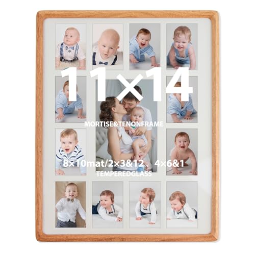 Framever 11x14 Picture Frame My First Year Photo Frame Baby Keepsake with Double Mat 12 Small 2x3 & One 4x6 Photo Openings/with 8x10 Mat Real Glass Natural Teak Wood Frame for Wall or Tabletop Display