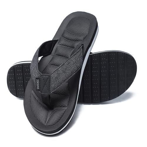 Mens Canvas Flip Flops with Arch Support - Comfort Foam Thong Beach Sandals - Waterproof Casual Flat Slides House Slippers, Black, 7 UK
