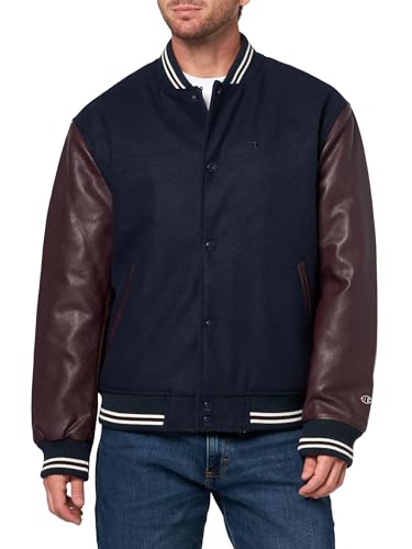 Champion Men's Letterman Varsity Bomber Jacket with Faux Leather Sleeves, Navy/Burgundy, Large