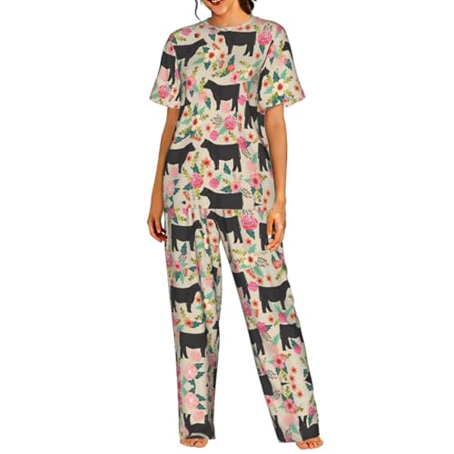 Ensemble pyjama vache col rond avec manches courtes et pantalon long fluide