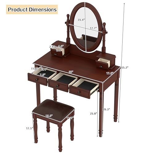 Image of JIVOIT Vintage Vanity Makeup Table and Cushioned Stool Set, Vanity Desk with Adjustable Angle Mirror, Velvet Fabric Lining 5 Drawers, Wooden Dressing Table Set for Bedroom (Walnut / /81)