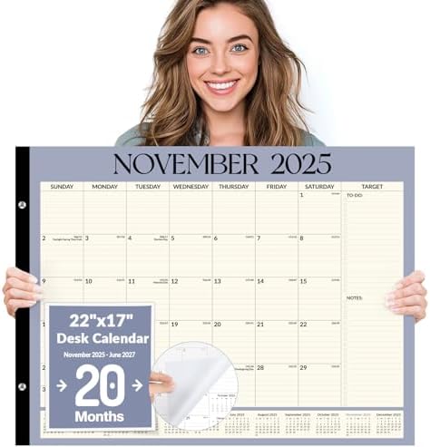 Forvencer 22″ x 17″ Large Desk Calendar 2026, 20 Months Calendar Runs from November 2025 to June 2027, 2026 Desk Calendar Monthly Planner with Plastic Cover for Home School Office, Soft Blue Forvencer 22″ x 17″ Large Desk Calendar 2026, 20 Months Calendar Runs from November 2025 to June 2027, 2026 Desk Calendar Monthly Planner with Plastic Cover for Home School Office, Soft Blue
