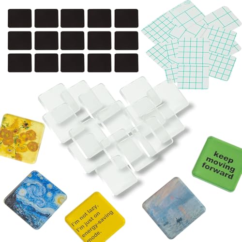 15 Pcs DIY Fridge Magnet Craft Set Acrylic Square Decorative Refrigerator Magnet with Adhesive Backing Ferrite Magnets for Office,Classroom,Cabinets,Kitchen(2 Inch,45Piece)
