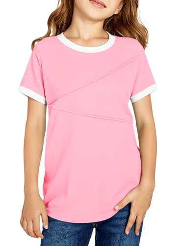 Girls Short Sleeve T Shirts Kids Fashion Pleated Color Block Tops Casual Crewneck Tees 5-14 Years