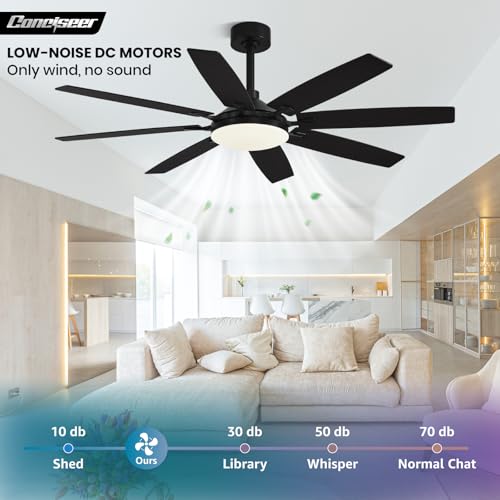 Image of Conciseer Modern 65 Inch Ceiling Fans with Lights and Remote for Living Room Home Office Indoor /Outdoor,3CCT LED 36W, Dual Color 8 Blades 6 Speed Reversible Quiet DC Motor, Black /Wood Grain