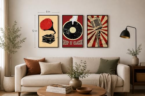 Image of DAKSHESTRY ARTWORKS Retro Music Wall Art Set of 3 with Frames | Minimalist Posters | Modern Aesthetic Music Decor for Bedroom, Living Room, Studio | Wooden Frame Ready to Hang