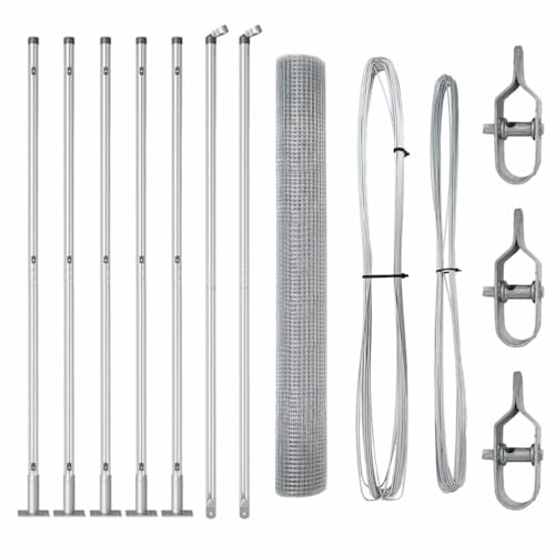 vidaXL Conjunto de Postes de Valla de Acero Galvanizado con Rollo de Malla 10 X 1 m Duradero Diseño Moderno para Instalación de Cercas de Límite Exterior Soluciones para Jardín Accesorio Portátil Gr