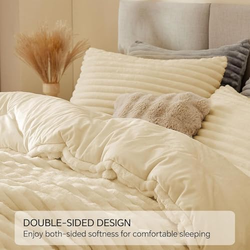 Image of BEDELITE Fleece Full Comforter Set -Super Soft & Warm Fluffy Beige Bedding, Luxury Fuzzy Heavy Bed Set for All Season with 2 Pillow Cases