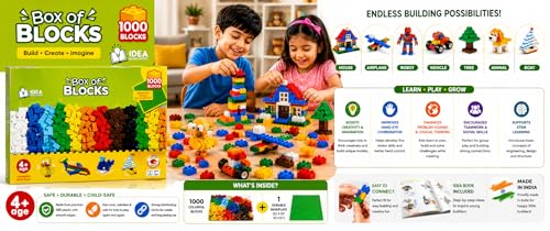 Image of Negi V1 Box of Blocks 1000 PCS Set of Blocks Building Set for Kids, 1000 Pieces Creative DIY Construction Toy with Base Plate, Educational STEM Learning Building Blocks Kit