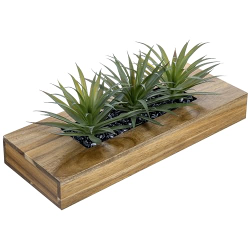 MyGift 15 Inch Large Artificial Green Grass Plants in Premium Acacia Solid Wood Decorative Planter...
