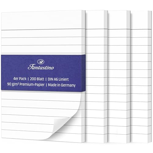 Notizblock A6 Liniert - 4er Pack (200 Blatt) - 90 g/m² Premium-Papier weiß, kleine Schreibblöcke abreißbar für Büro, Haushalt, Schule & Uni | Fantastino®