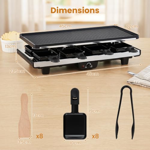 LIFEZEAL Raclette-Grill für 8 Personen, 1400W Elektrogrill mit wendbarer Antihaft-Grillplatte, 8 Pfännchen & 8 Holzspatel – Bild 3