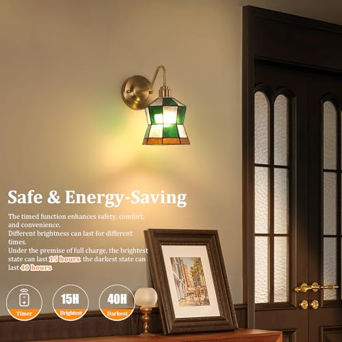 Image of Shenmoyl Vintage Battery Operated Wall Sconce with Remote, Rechargeable LED Wall Lamp 3 Colors Dimmable, Brass Wall Lights Fixture for Bedroom Bathroom Living Room Hallway Polygonal Checker