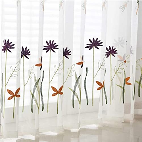 ZZC Bay Window Sheer Curtains 72 inch Pastoral Dragonfly Embroidered Tulle Curtains Rod Pocket Window Panel Drapes Voile Curtain Set for Balcony, 2 Panels,W39 x H84 inch