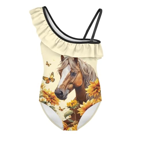 Forchrinse Girls One Piece Horse Swimsuit Full Coverage Ruffle Bathing Suits One Shoulder Swimwear for Summer Beach