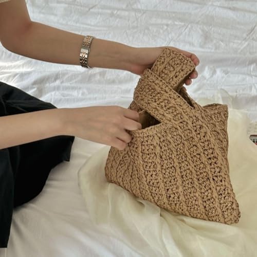 Image of A.WAVE Handmade Straw Knot Bag for Women Summer Handbag Top Handdle Bag Small Cute Knot Wristlet bag Straw Bag