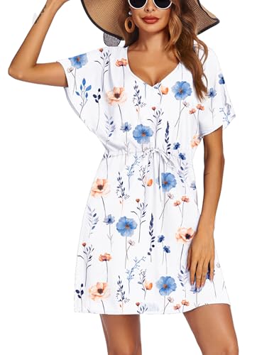 Image of Ekouaer Womens Swimsuit Coverup Short Sleeve Beach Cover Up Dress V Neck Bikini Beachwear