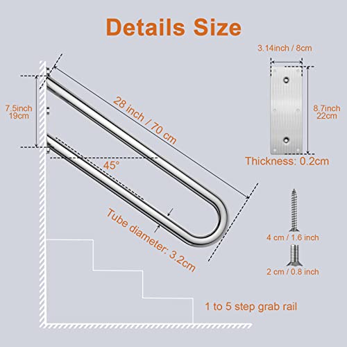 28 Inch Stainless Steel Handrail For 1-5 Steps- 1.25" Tube, Zuext Chrome Finished U Shape Safety Grab Bar For Stairs, Wall Mount Handicap Hand Railing For Outdoor Garage Interior Exterior Stairway #TOP1