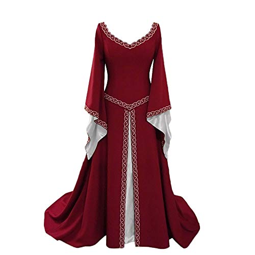YUDATPG Vestido medieval acampanado de manga larga renacentista para mujer, vestido campesino, disfraz de Halloween, vestido gótico de hadas (as8, Alpha, L, regular, regular, rojo)