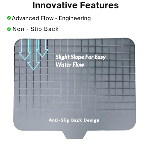 Image of KROYWEN Silicone Dish Drying Mat for Kitchen - Built-in Drain Lip | Hygienic Drying Pad - Sturdy Compact Easy to Clean Tray Protects Surfaces Prevents Water Build Up - 23 X 17 Inches (Grey)