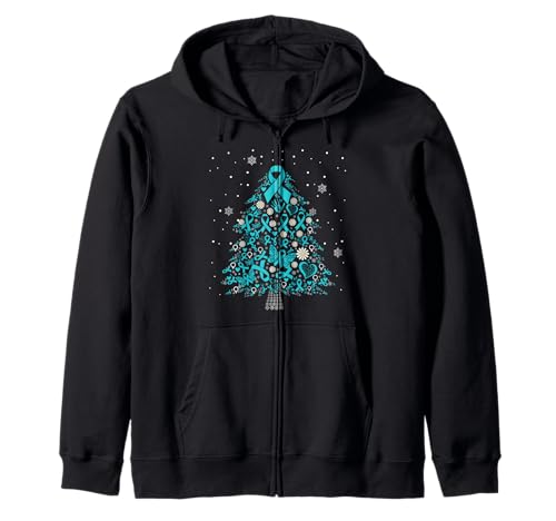 Ovarian cancer awareness christmas tree teal ribbon zip hoodie