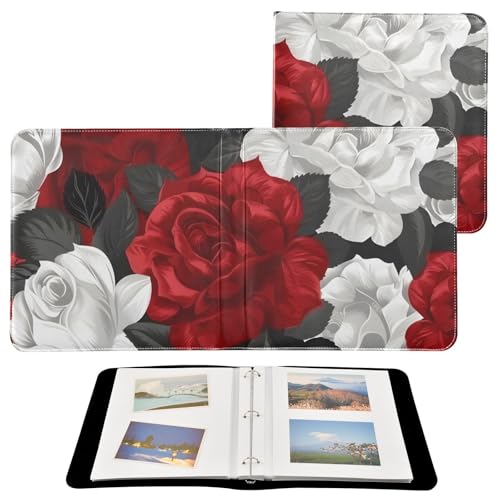 JIPONI Red White Rose Large Photo Album, DIY Leather Cover Scrapbook Albums for 4x6 5x7 6x8 Pictures, Self Adhesive Memory Book for Wedding, Baby, Family