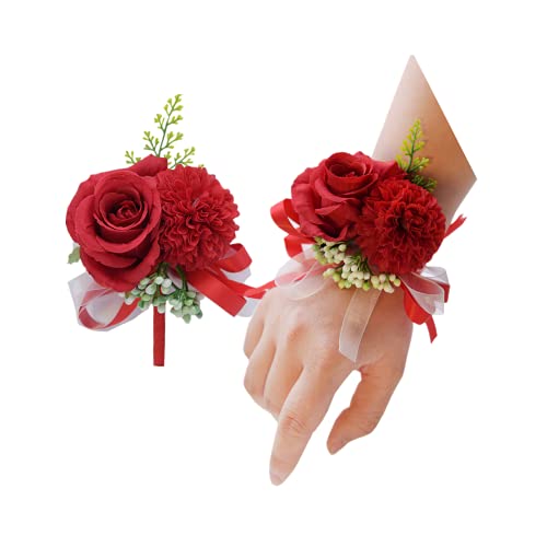 2 Pack Red Flower Wrist Corsage & Boutonniere Set 3inch Mini Silk Flowers