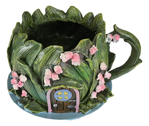 Ebros Gift Enchanted Fairy Garden Green Forest Leaf Foliage Cottage Nook Tea Cup Shaped Home Floral Planter or Vase Figurine 7.25" Long Mini Do It Yourself Ideas Fantasy Fairies Pixies Gnomes