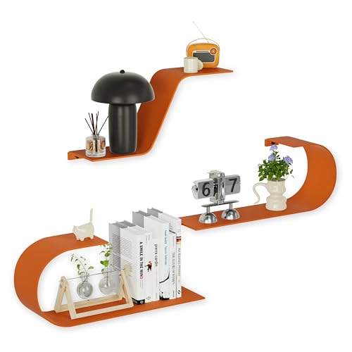 BUTUNITA Lot de 3 étagères flottantes en métal orange, décoration murale unique, longue étagère murale moderne pour chambre à coucher, salle de bain,...