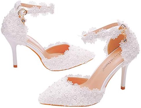 Women High Heels Sandals White Lace Pearls Wedding Shoes Pointed Toe Bridal Shoes