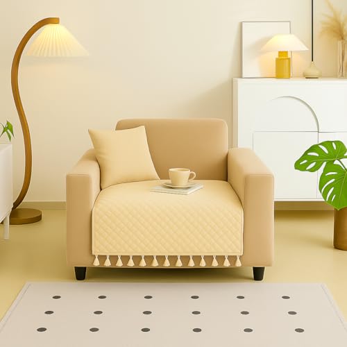 Image of Roseate Quilted Velvet Sofa Cover (1 Seater / 24 inchx27 inch) Sofa Protector for Living Room /Bedroom interiors (Beige) with Tassels