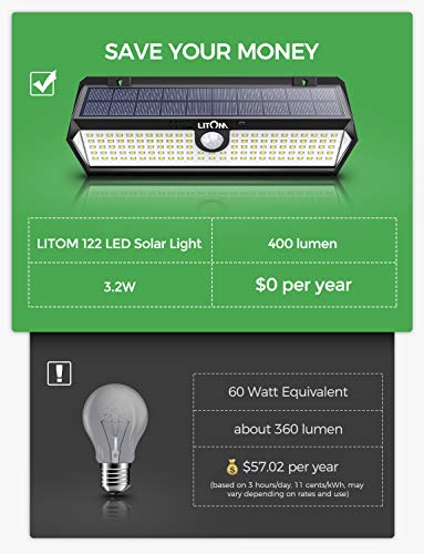 LITOM Solar Motion Sensor Light, Large Size 122 LED Solar Lights with Front Button, Indicator Lights, 3 Modes and IP67 Waterproof Rating for Door, Garden, Deck, Porch- 4 Pack