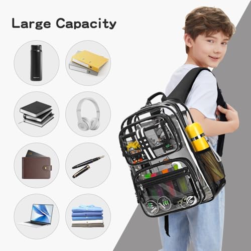 Image of Cusangel Clear Backpack for kids,16in Heavy Duty Clear BookBag,TPU Large Capacity Black See Through bookbag for Stadiums,Concerts,Plastic transparente para mujer for 8Age+