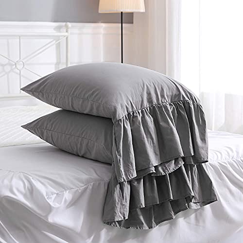 Gray Pillow Shams with Long Ruffles Fishtail Grey Pillow Covers Pillowcases Egypt Cotton Queen Size 20"X30"Soft 2Pcs Boudoir