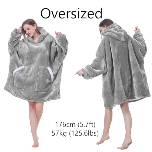 Kipswiza Oversized Wearable Blanket Hoodie, Cozy Fluffy Sherpa Fleece Hooded Blankets Sweatshirt Gifts for Women Men Family Members Friends, Light Grey