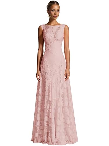 Daisory Sleeveless A Line Bridesmaid Dresses for Women Floral Lace Long Wedding Guest Dress Boat Neck Blush Pink Formal Evening Gowns US10
