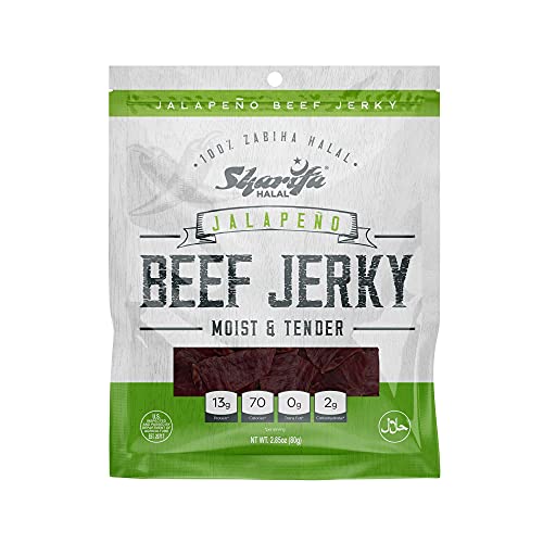 BEEF JERKY ORIGINAL (JALAPENO) (1) 2.85 oz. Bag â€“ Great Everyday Halal Jerky Beef Meat Snack, 100 % Real Zabiha Halal Beef, 13g of Protein, 70 Calories, 0g Trans Fat, & 2g of Carbohydrates