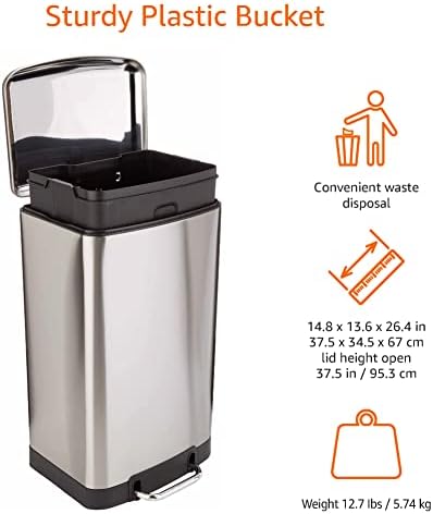 Amazon Basics 40L Rubbish Bin with Steel Bar Pedal, Soft-Closing Mechanism for Home and Office Use - Rectangular, Stainless Steel